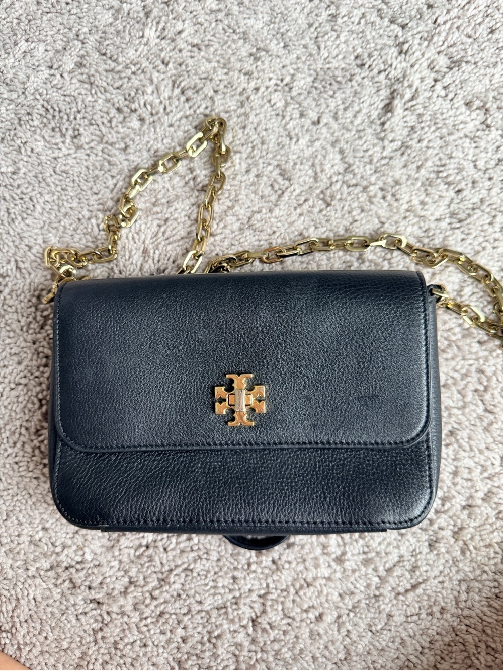 Tory Burch Black Leather Crossbody with Gold Logo and Chain